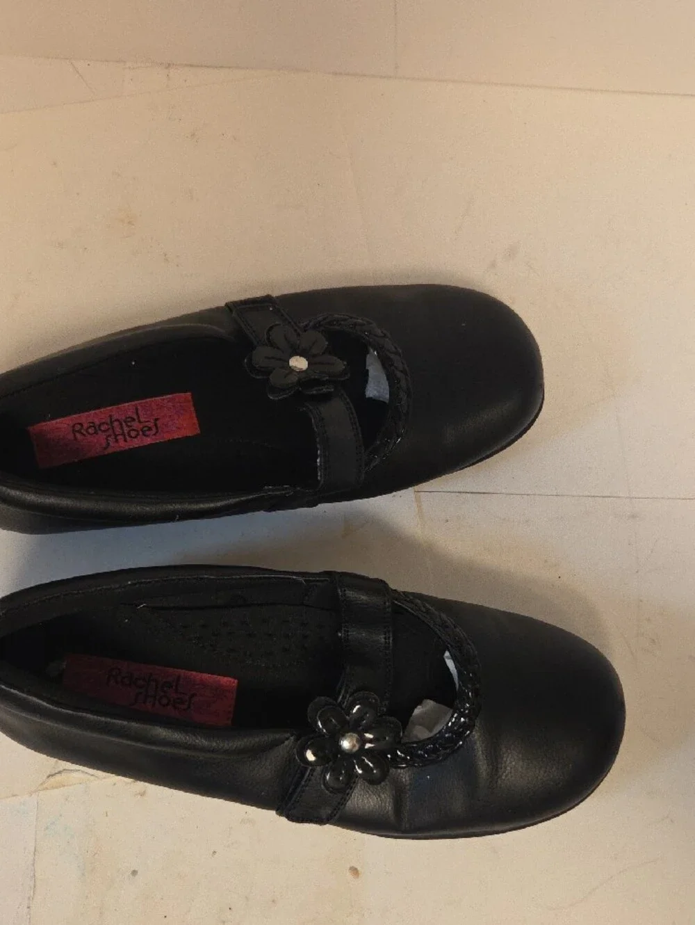 Rachel Shoes Black Mary Jane Flats with Braided Strap & Flower